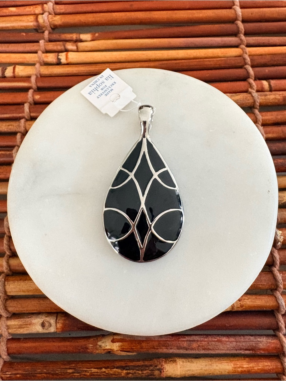 Lia Sophia Black Enameled Teardrop Pendant with Silver Accents NWT